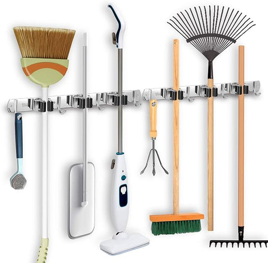 IMILLET 2 Pack Broom and Mop Holder Wall Mounted, Stainless Steel Broom Holder Mop Holder Self Adhesive Heavy Duty Hooks Storage Organizer for Home Laundry Room Garden Garage Closet Kitchen-NeatNest