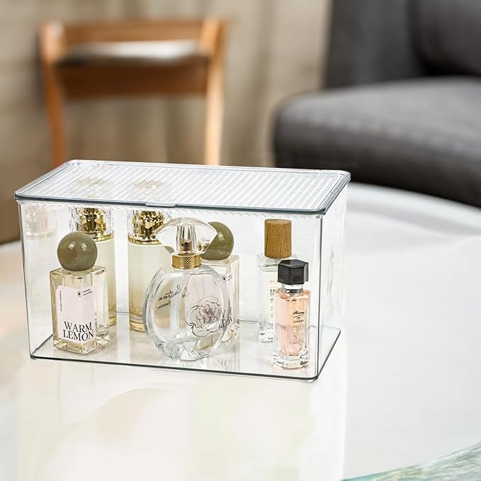 Clear Plastic Storage Bin with Lid, Organizer for Pantry, Office, Bathroom, Kitchen, Snack, Tea Bag, Coffee Container (Large)-NeatNest