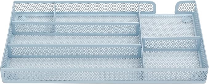 Annova Desk Drawer Organizer/Storage Tray - Metal Mesh with Dividers for Pens, Desktop Accessories, Bathroom, Kitchen, Makeup and Office Supplies (Small, Morandi Blue)-NeatNest