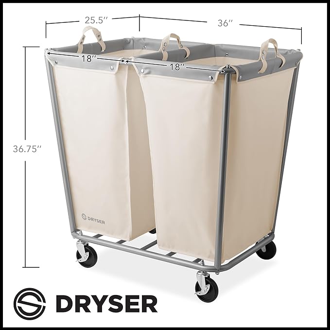 Dryser Divided Commercial Heavy-Duty Rolling Laundry Hamper, Steel Frame Cart on Wheels with 2 Section Removable Canvas Bins for Hotel or Home - White
