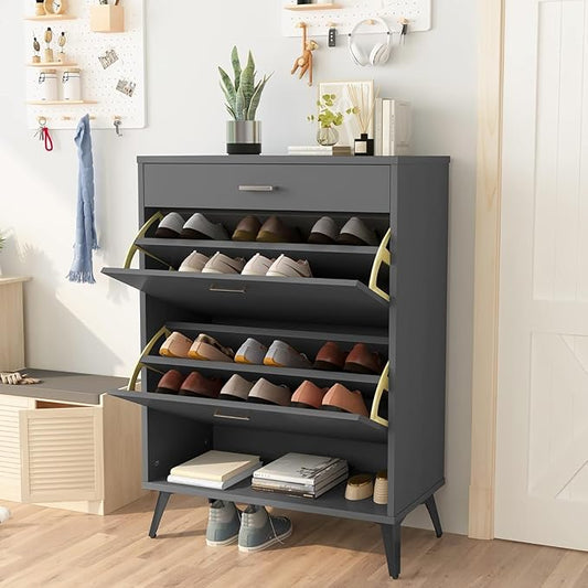 AWQM Shoe Storage Cabinet for Entryway, Free Standing Shoe Organizer with 2 Flip Drawers,Hidden Shoe Rack Storage Organizer for Doorway Hallway (Grey)-NeatNest