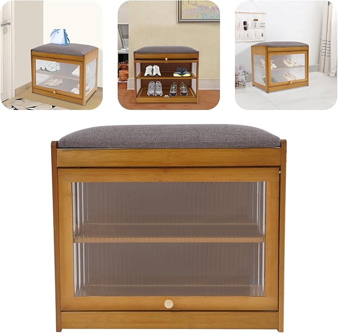 Eapmic Shoe Storage Bench, Entryway Shoe Rack Bench with Padded Seat Cushion, 2-Tier Shoe Cabinet, Bamboo Shoe Organizer for Hallway Bedroom Living Room Front Door (Brown, 19.69 * 12.6 * 17.32in)