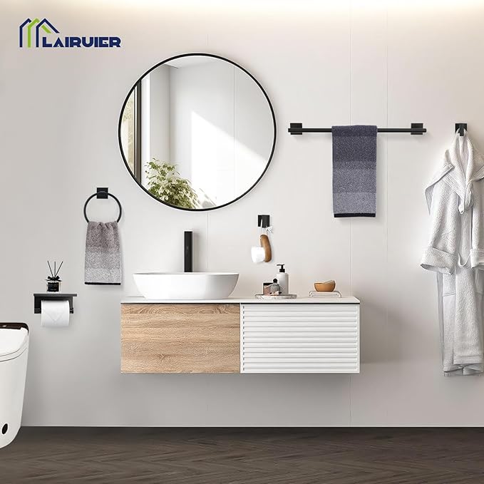 5PCS Black Bathroom Hardware Set, SUS304 Stainless Steel Bath Towel Bar Set-23.6 inches Towel Bar, Toilet Paper Holder with Shelf, Towel Ring and Two Towel Hooks, Towel Holder Set Wall-Mounted