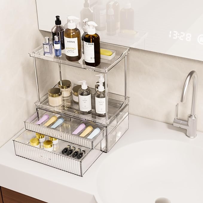 2-Tier 2-Drawer Bathroom Countertop Organizer : Large Multi-Purpose Makeup Vanity Organizer - Perfume & Skincare Storage Amber Clear-NeatNest