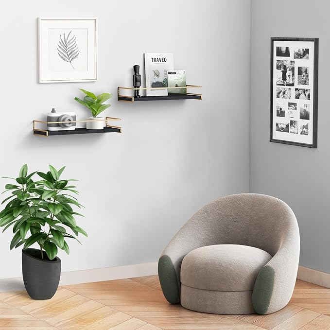 Forbena 2-Pack Black and Gold Contemporary Floating Shelves for Wall, Bathroom, Kitchen, Home Decor (Black and Gold)-NeatNest