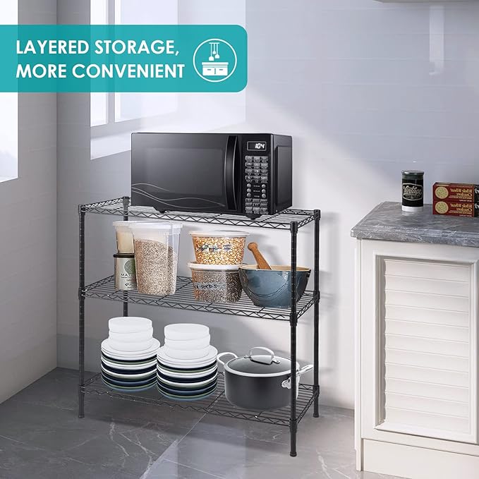 3-Tier Wire Shelving Unit, Adjustable Metal Wire Shelves with NSF Certified, Standing Storage Shelf Unit for Laundry, Bathroom, Kitchen, Pantry, Closet (13.7" D x 35.5" W x 31.5" H, Black)