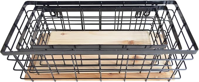 Metal Wire Basket Detachable Wood Base Storage Organizer Farmhouse Bin for Kitchen Cabinets, Bathroom, Pantry, Laundry Room, Closets Set of 3,Black Color