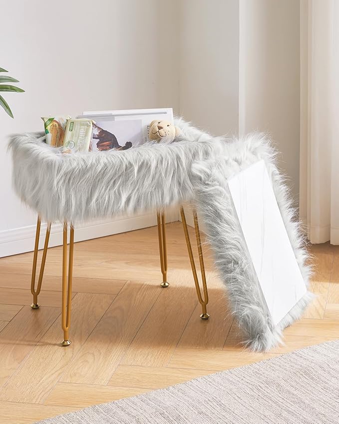 IBUYKE Rectangular Faux Fur Vanity Stool with Storage, Furry Makeup Chair Ottoman, Soft Padded Seat, Round Footrest Footstools with 4 Metal Legs, for Living Room Bedroom Entryway, Gray WBD022G