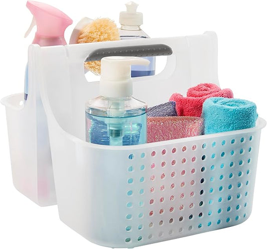 Madesmart 2-Compartment Soft Grip Shower Tote for Bathroom Organization, Plastic Storage Shower Caddy Bucket, Large, Frost