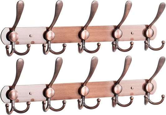NearMoon Coat Rack Wall Mounted-2 Pack, Heavy Duty Bath Towel Hooks Stainless Steel Robe Hooks Holder, Metal Coat Hook for Towel Coat Hat Key Bathroom Bedroom Hotel Entryway (5 Hooks, Antique Copper)