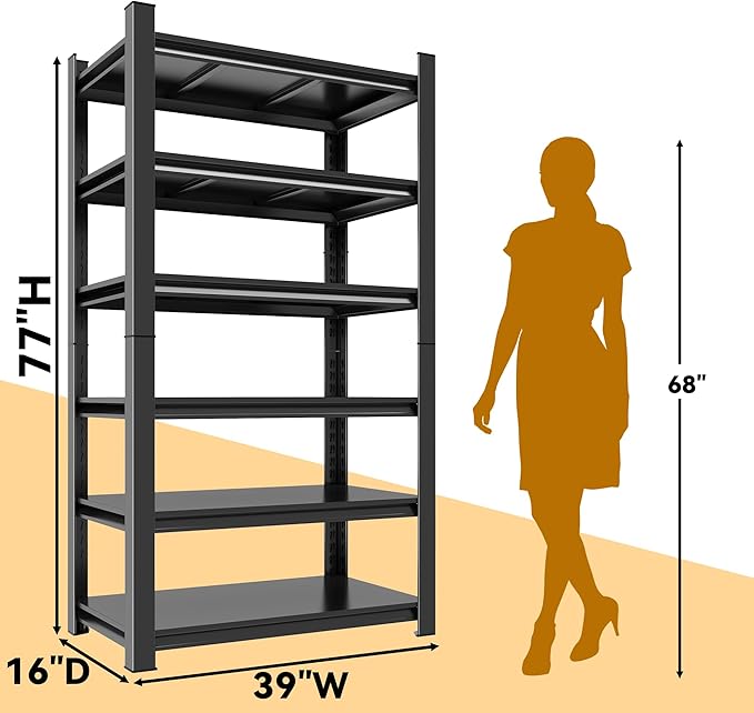 77" H Garage Shelving,6 Tier Metal Shelving Unit,Adjustable Storage Shelves Rack,3000LBS Heavy Duty Garage Shelves,Office,Warehouse,Basement,Black (39W*16D*77H)