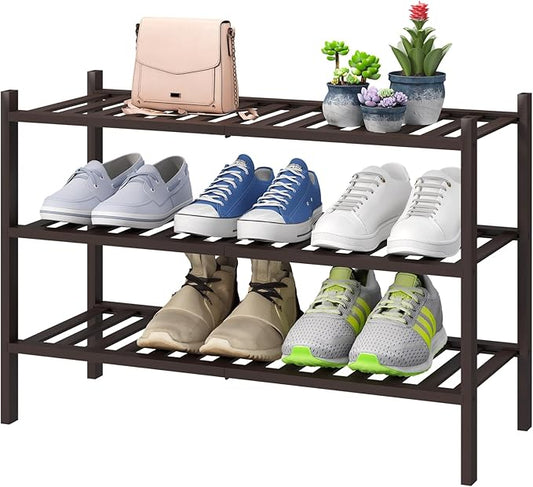 Shoe Rack for Closet, 3-Tier Bamboo Wood Shoe Racks, Stackable | Beautiful | Natural | Functional | Sturdy, Bamboo Shoe Rack for Entryway Hallway Closet-NeatNest