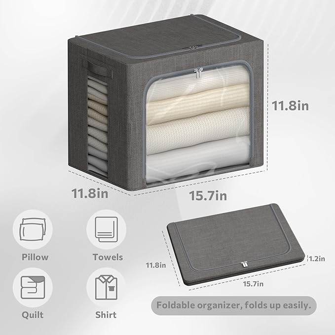 4 Pack Clothes Storage Bins with Metal Frame - Linen Fabric Foldable Stackable Container Organizer Set with Clear Window & Carry Handles & Zippers (Dark Gray, 15.7"x11.8"x11.8")-NeatNest
