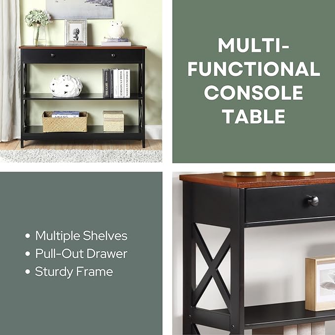 Convenience Concepts Oxford 1 Drawer Console Table with Shelves, Cherry/Black-NeatNest