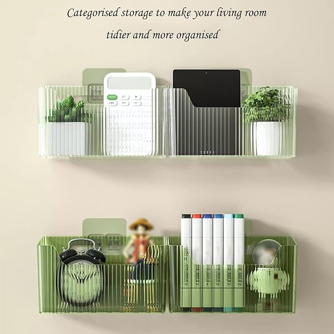 Set Of 2 Storage Organizer Bins Wall Mounted Shower Basket, Shower Caddy Stackable Clear Plastic Makeup Organizer Adhesive Hanging Bin for Bathroom, Kitchen, Cabinet, Pantry, BPA Free, Large, Green-NeatNest