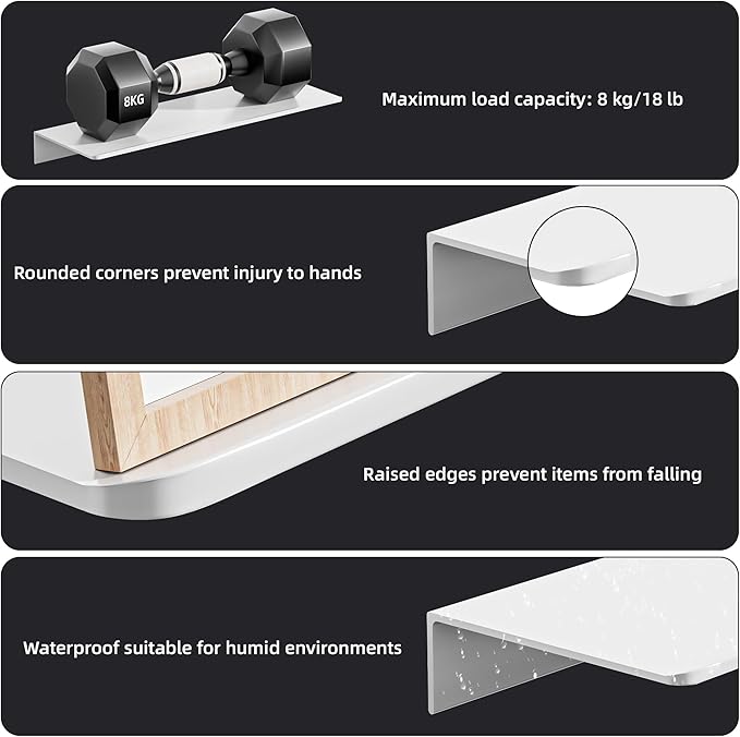 2-Piece White Metal Floating Shelves - Aluminum Alloy Wall Mounted Shelf No Drilling, Rust-Proof, 15.7" Width for Home Decor & Storage in Living Room, Bedroom, Bathroom-NeatNest
