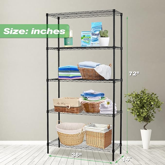5-Tier Wire Shelving Unit Storage Shelves Metal Shelves Heavy Duty Metal Storage Rack NSF Height Adjustable for Home Kitchen Bathroom Garage Pantry Organization(Black)