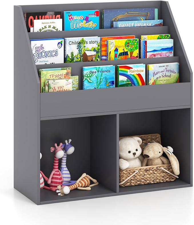 Costzon Kids Bookshelf, Wooden Toy Storage Cabinet Organizer w/Shelves, 2 Large Cubes & Anti-Tipping Devices, Children Bookcase Display Sling Book Rack for Kids Room, Nursery, Kindergarten (Gray)-NeatNest