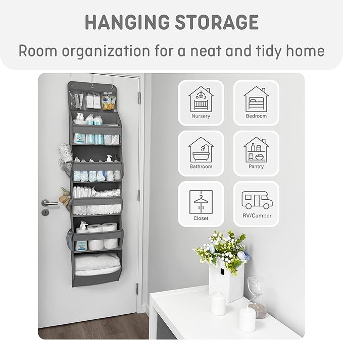 Heavy Duty Over The Door Organizer Hanging Storage – 6-Tier Behind The Door Storage with 5 Large, 6 Side & 3 PVC Pockets – 50 lbs Hanging Organizer for Closet, Nursery, Bathroom – 1 Pack, Gray-NeatNest