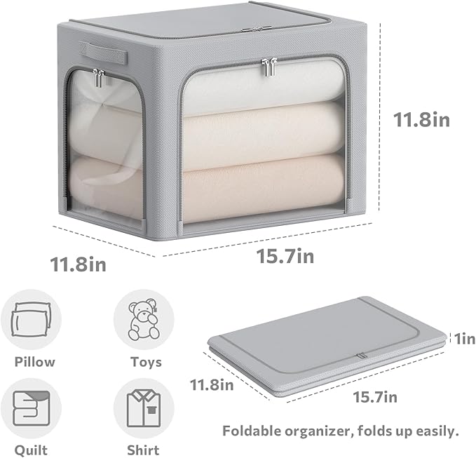 3Pack Clothes Storage Bins - Oxford Frame Storage Box Foldable Stackable Storage Organizer with 3 Openings Design, Metal Frame, Clear Window, Carry Handles (36L-15.7 * 11.8 * 11.8in, Grey)-NeatNest