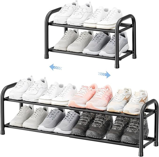 ENJOYBASICS Expandable Shoe Rack, 2 Tier Adjustable Shoe Organizer Shelf for Closet, Black Metal Free Standing Shoe Rack Storage for Small Space, Entryway-NeatNest