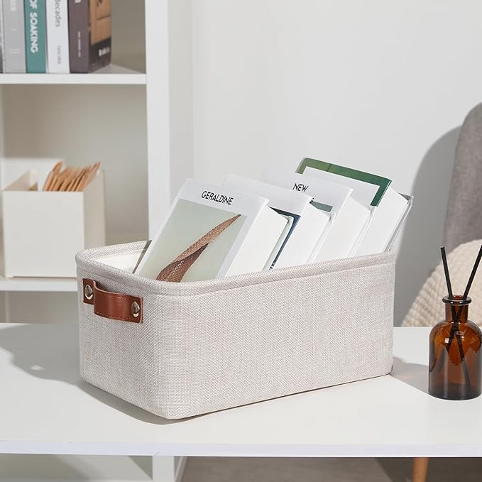 DULLEMELO Small Storage Basket for Shelves, Small Fabric Collapsible Rectangular Storage Bin for Shelves, Closets, Nursery, Home, Office, Empty Gift Basket (Beige)-NeatNest