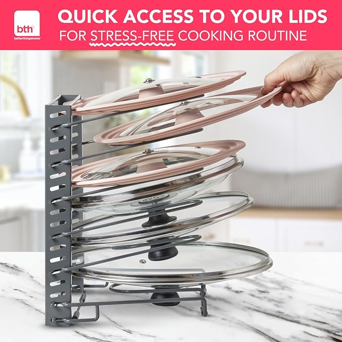 BTH Adjustable Pot Lid Organizer for Cabinet - Kitchen Storage Rack 6 Adjustable Shelves, Pot Lid Holder, Pan and Pot Rack Organizer, Pantry & Inside Cabinet Organizer (13” Clearance)-NeatNest