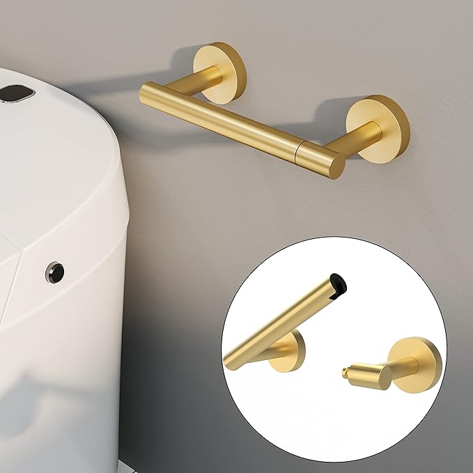 Gold Toilet Paper Holder SUS304 Stainless Steel Double Post Pivoting Toilet Paper Roll Holder Wall Mounted Toilet Tissue Holder for Commercial Bathroom RV Brushed Brass Finish