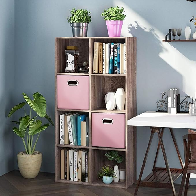 PRANDOM Leather Foldable Cube Storage Bins 11x11 inch [4-Pack] Fabric Storage Baskets Cubes Drawer with Cotton Handles Organizer for Shelves Nursery Closet Bedroom Clothes Pink-NeatNest