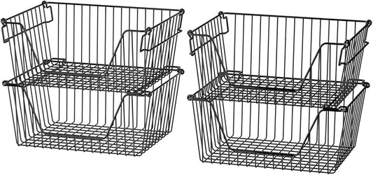 Slideep Wire Storage Baskets for Organizing, 4 Pack 14'' Stacking Metal Wire Freezer Organizer Bins with Handles, Large Pantry Baskets for Kitchen Cabinets, Bathroom, Laundry, Garage, Black