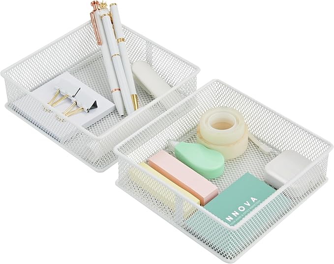 Annova Mesh Stackable Drawer Cabinet and Shelf Organizer Bins Storage Basket School Office Supply Holder Tray- Set of 2 (White, 6x6x2 Inch)-NeatNest