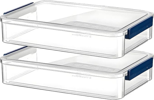 2 Pcs 5.5qt 9 x 13 Plastic Portable Project Case With Snap-Tight Latch, Clear Stackable Storage Boxes Organizer for A4 Files, Photos, Scrapbooks, Art Supplies (‎Blue Latch, Large)