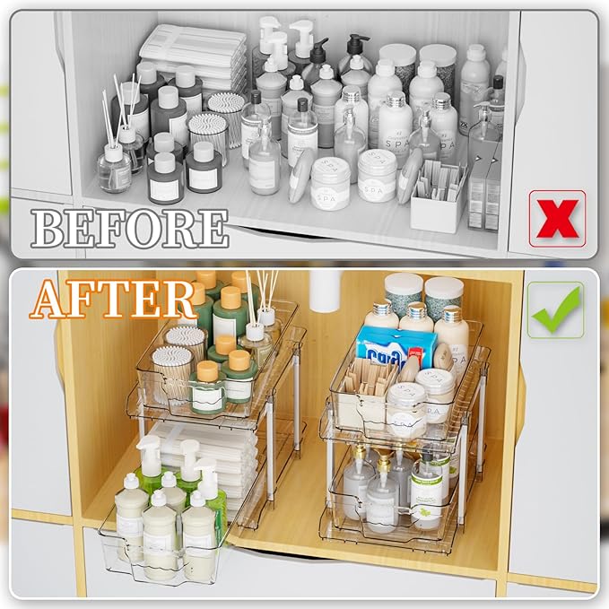 Yieach 2 Pack 2 Tier Under The Sink Organizer With Track,9.8 Inch Tall Bathroom Cabinet Organizer,Clear Under Sink Pull Out organizer for Kitchen,Vanity,Counter,Vanity,Medicine,Makeup,Hair Products-NeatNest