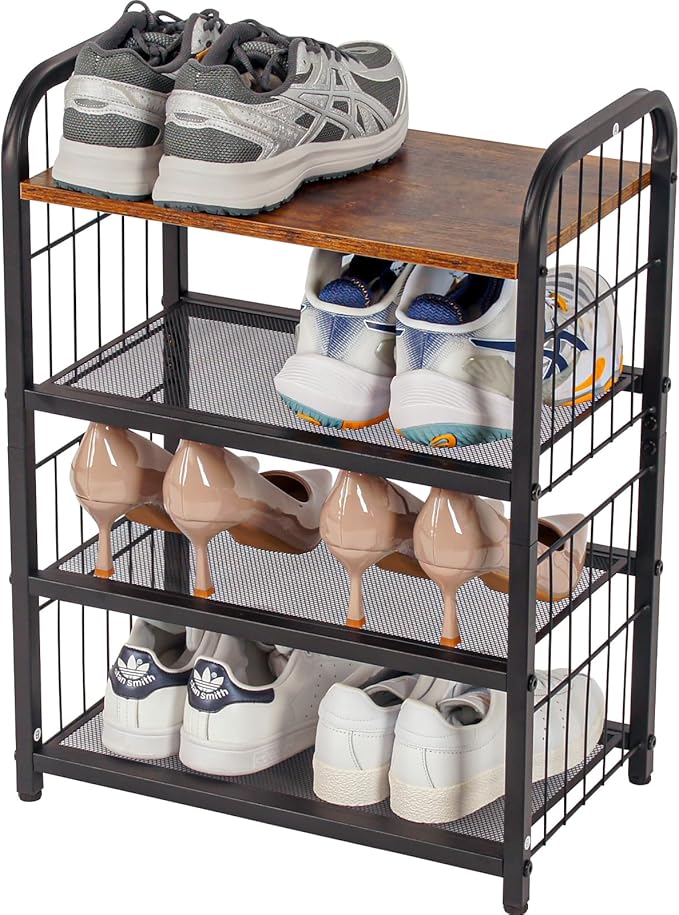 Shoe Rack, 4-Tier Shoe Organizer with Guardrails, Heavy-Duty Metal Mesh Shelves & Rustic Wooden Top for Stylish Closet & Front Door Storage-NeatNest