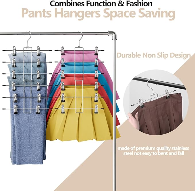 4 Pack Pants & Skirt Hangers Space Saving Hanging Closet Organizer and Storage, Upgrade Skirt Hangers with Clips and 360° Swivel Hook, Closet Storage-NeatNest