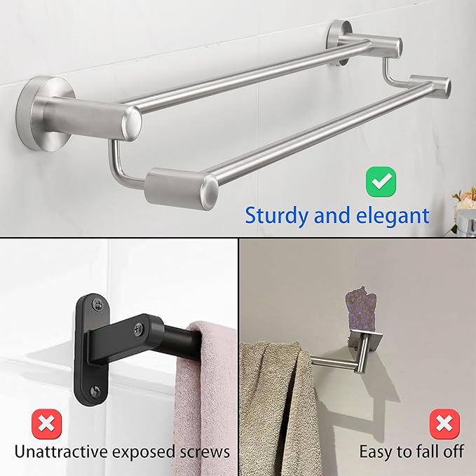 TocTen Double Bath Towel Bar - Thicken SUS304 Stainless Steel Towel Rack for Bathroom, Bathroom Accessories Double Towel Rod Heavy Duty Wall Mounted Towel Holder (Brushed,24IN)