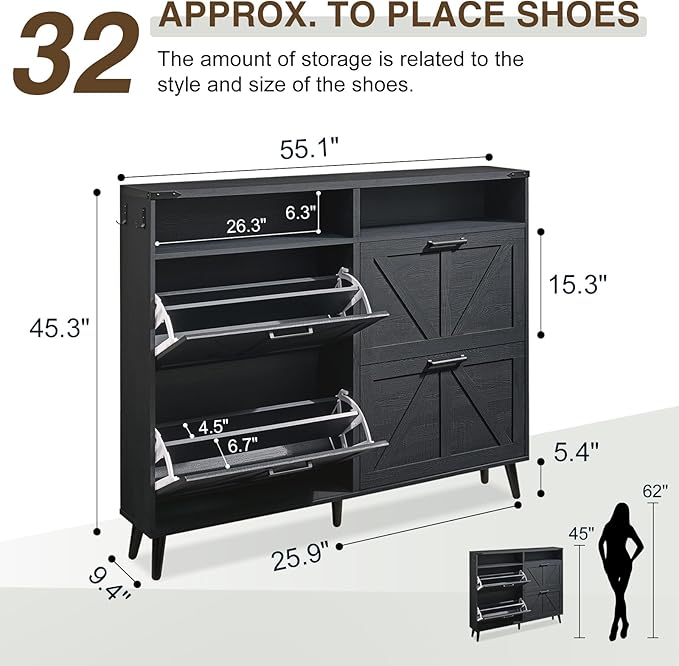 Shoe Storage Cabinet, Farmhouse Shoe Organizer with 4 Flip Drawers & Barn Door,Freestanding Hidden Slim Narrow Shoe Rack with Open Shelves for Entryway, Foyer, Hallway, Black-NeatNest