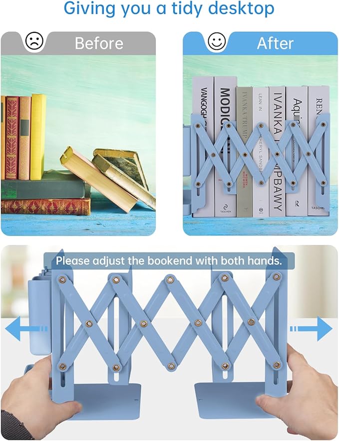 Honagu Adjustable Bookends, Metal Book Ends for Shelves Heavy Book, Desk Magazine File Organizer for Home, Office, Books, Papers with Removable Hook, Pen Holder（Dark Blue）