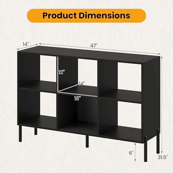 6 Cube Bookcase, Wood Storage Organizer with 5 Metal Legs, Bookshelf with Storage, Cubical Storage Shelf, Wooden Book Shelf, Display Shelves for Bedroom, Living Room, Entryway (Black)