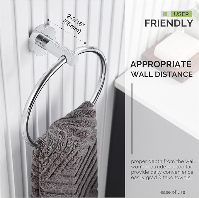 Bath Towel Ring Chrome, Angle Simple Stainless Steel Hand Towel Holder, Round Towel Hanger Heavy Duty, Wall Mounted