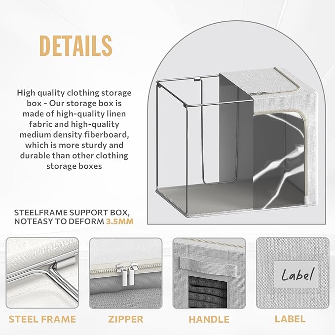 2 Pack Clear Window Storage Bins Large Stackable Linen Fabric Storage for Clothes Foldable Container Organizer Set with Carrying Handles (Lvory White, 15.7x 11.8x 11.7Inch)-NeatNest