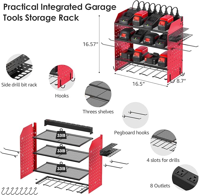 CCCEI Modular Pegboard Rack Power Tool Organizer with Charging Station. 4 Layer Wall Mount Drill Holder, Red Tool Battery Charger Organizer. Garage Shop Storage Utility Shelf with Power Strip.-NeatNest