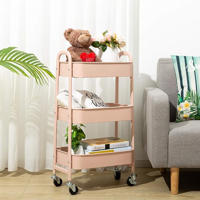 AGTEK Makeup Cart, Movable Rolling Organizer Cart, 3 Tier Metal Utility Cart, Rosiness-NeatNest
