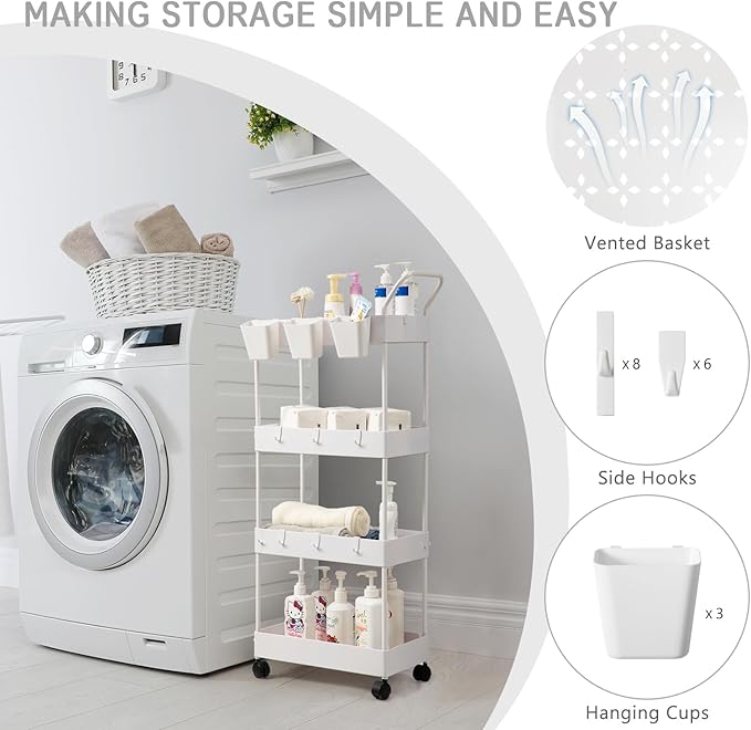 danpinera Storage Cart, 4 Tier Narrow Rolling Storage with Wheels & Dividers, Bathroom Organizer Slim Laundry Cart with Handle Hanging Cups Hooks, White