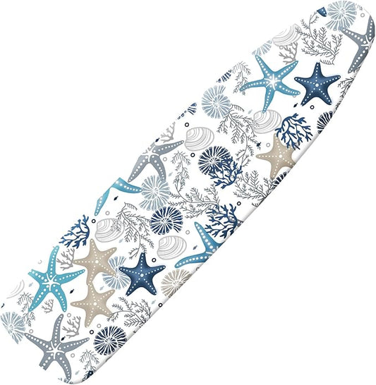 Extra Thick Ironing Board Cover and Pad, Coral Starfish Coastal 15x54 Ironing Board Cover, Resist Scorching and Staining,Elastic Edges,Nautical Blue Conch Ocean Theme