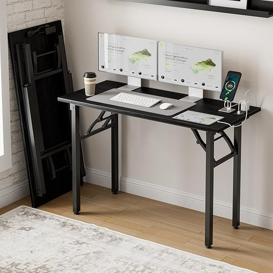 Frylr Small Folding Computer Desk – 43.3 Inch Portable Table for Craft and Study, Lightweight Desk for Small Spaces, Foldable Laptop Table Built-in AC/USB Outlets for Convenience, Dark Oak
