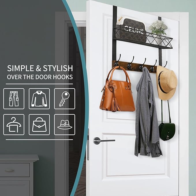 YINMIT Over The Door Hooks Organizer with Basket, Over The Door Towel Rack with 5 Metal Hooks, Door Hangers for Clothing, Over Door Hanger for Bathroom, Bedroom, Kitchen