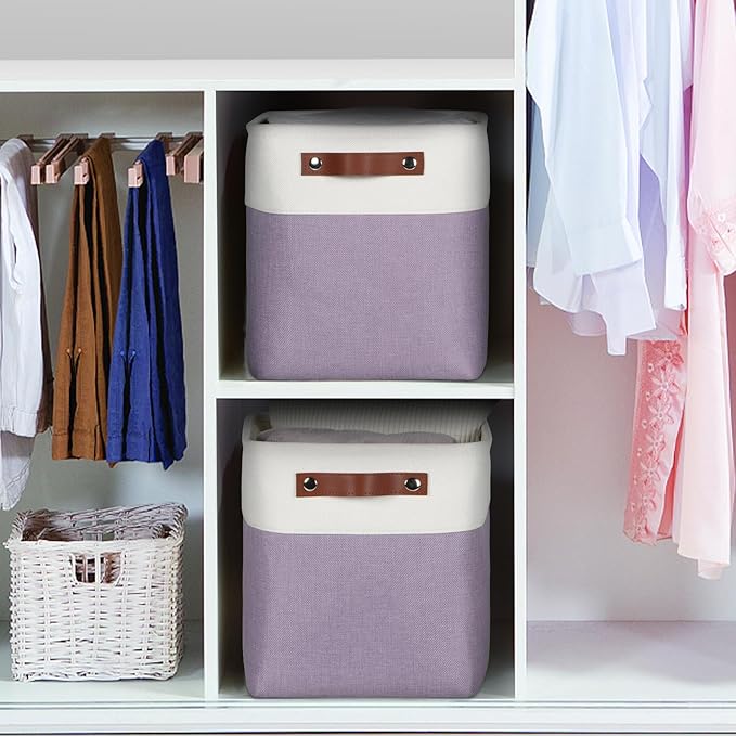 Univivi 10.5 Inch Fabric Cube Bins with Hard Bottom, 4 Pack Storage Baskets with PU Handles for Shelves Closet Foldable Storage Bins for Organizing (Purple,10.5" x 10.5" x 11")-NeatNest