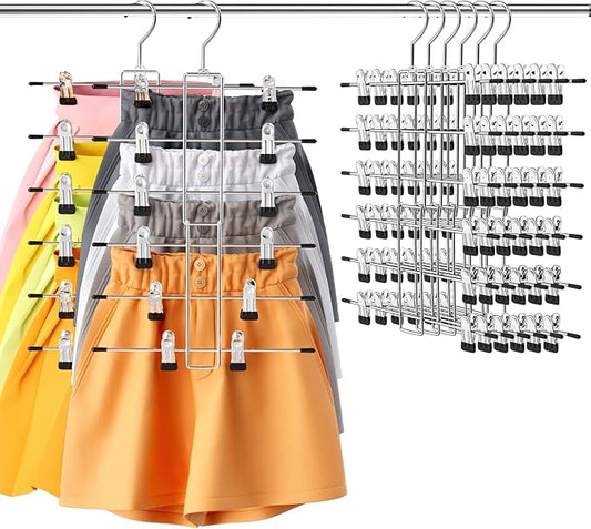 6 Pack Pants & Skirt Hangers Space Saving Hanging Closet Organizer and Storage, Upgrade Skirt Hangers with Clips and 360° Swivel Hook, Closet Storage-NeatNest