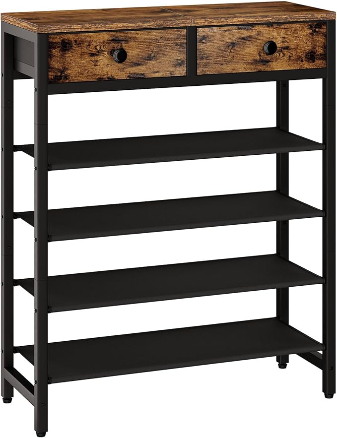 IBUYKE 5 Tier Shoe Rack, Metal Shoe Storage Organizer with 2 Drawers, Shoe Storage Rack for 12-16 Pairs of Shoes, Modern Shoe Stand with Fabric Shelf for Entryway Closet Bedroom, Rustic Brown TXJ040H-NeatNest